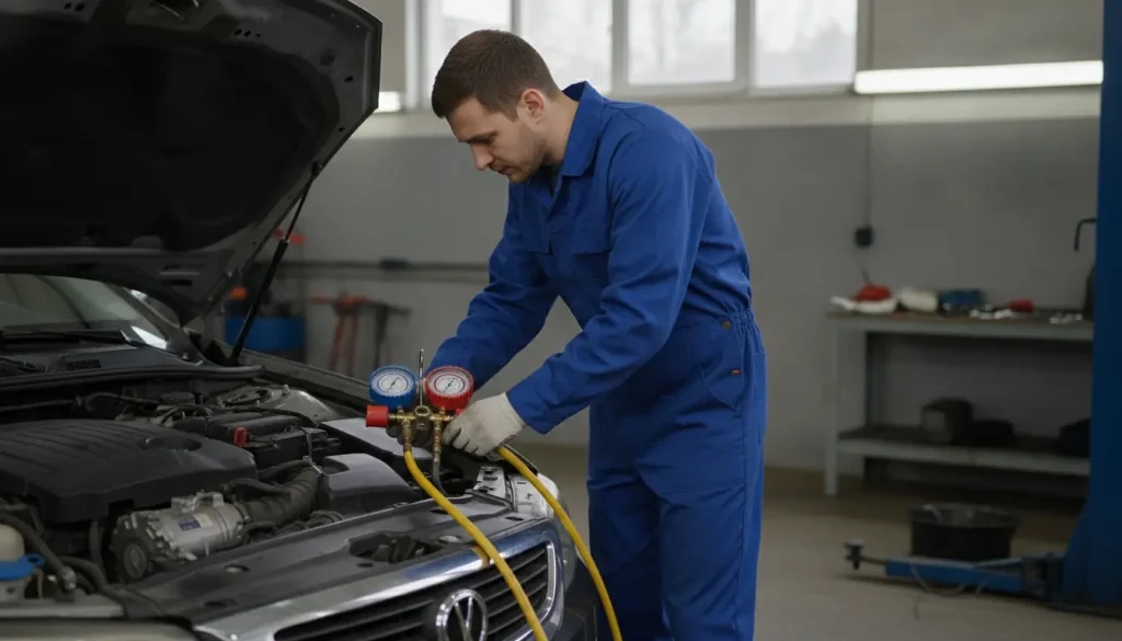 Mécanicien branchant les manomètres sur le circuit de climatisation d'une voiture en atelier
