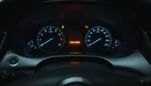 Tableau de bord automobile avec voyant moteur orange allumé la nuit
