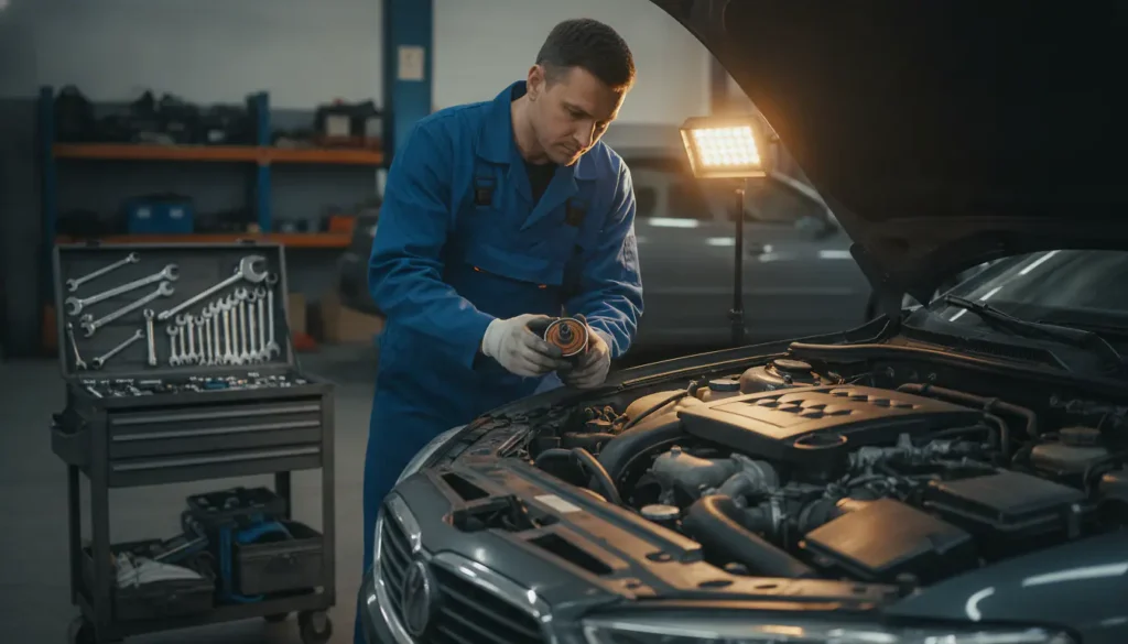 Mécanicien inspectant le moteur diesel d'une berline dans un atelier automobile professionnel