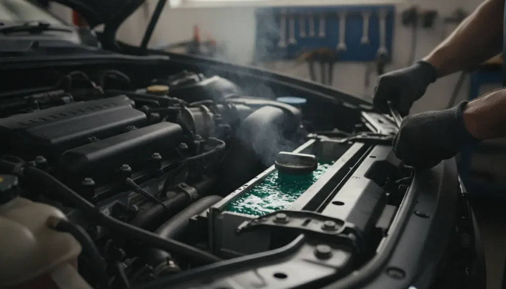 Moteur de voiture avec radiateur ouvert et vapeur de liquide de refroidissement