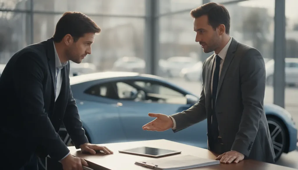 Vendeur et client discutant du prix d'une voiture neuve dans une concession automobile