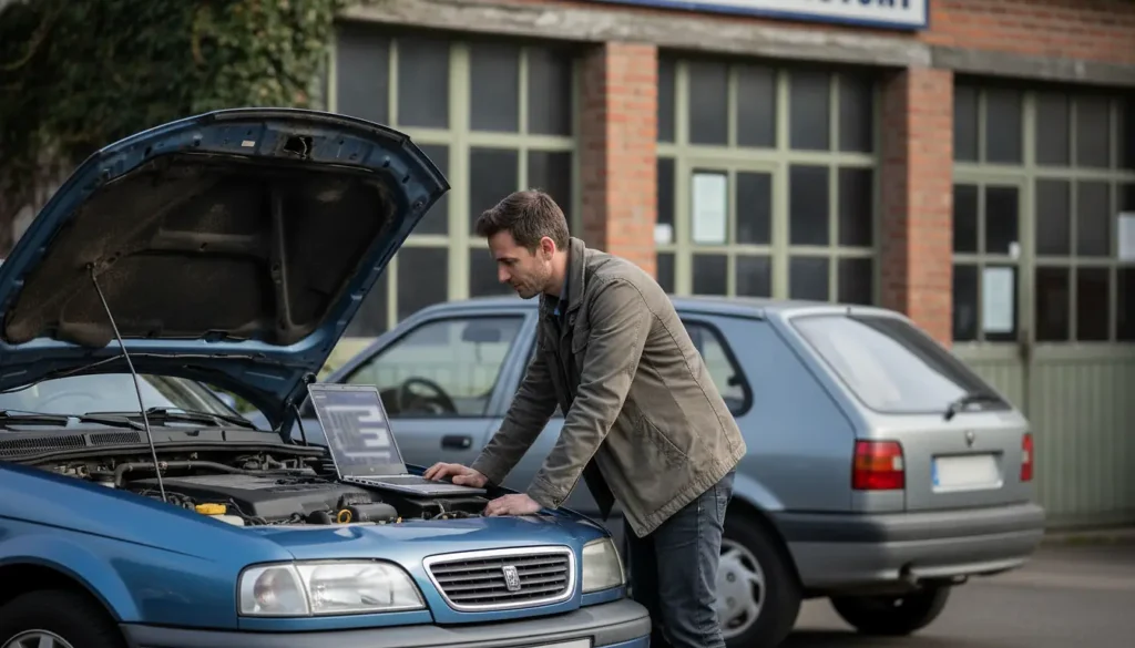 Automobiliste consultant une estimation de cote argus gratuite sur un ordinateur portable, voiture d'occasion garée en arrière-plan