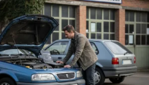 Automobiliste consultant une estimation de cote argus gratuite sur un ordinateur portable, voiture d'occasion garée en arrière-plan