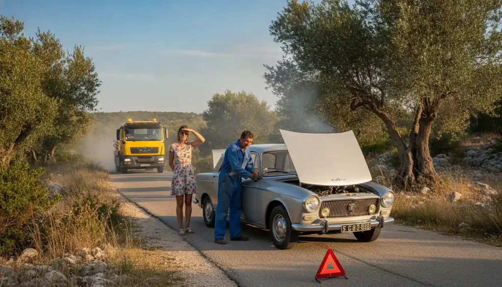 Voiture en panne sur le bord d'une route dans l'Hérault, garrigue méditerranéenne, triangle de signalisation rouge