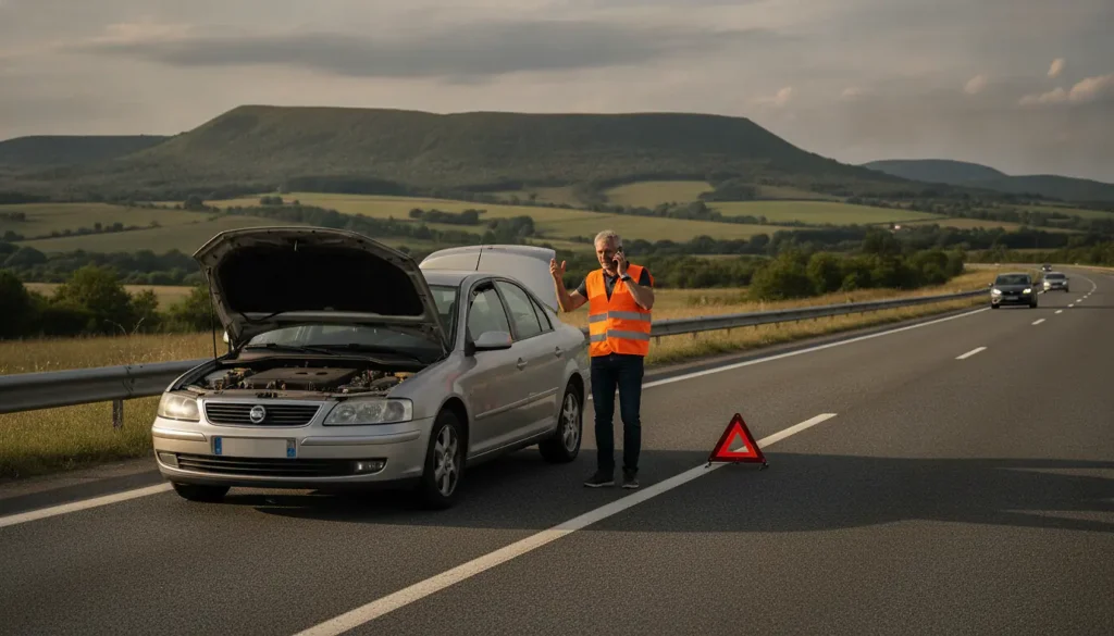 Voiture en panne sur l'autoroute A75 dans le Massif Central, triangle de signalisation rouge, conducteur en gilet jaune orange