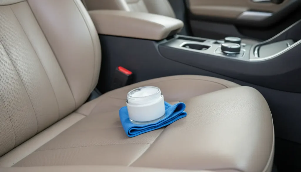 Siège avant en cuir beige propre avec crème nourrissante et chiffon microfibre posés dessus, lumière naturelle dans habitacle de voiture