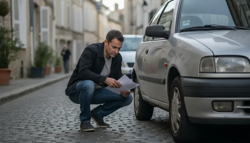 Homme accroupi qui inspecte la carrosserie et les documents d'une voiture d'occasion avant achat